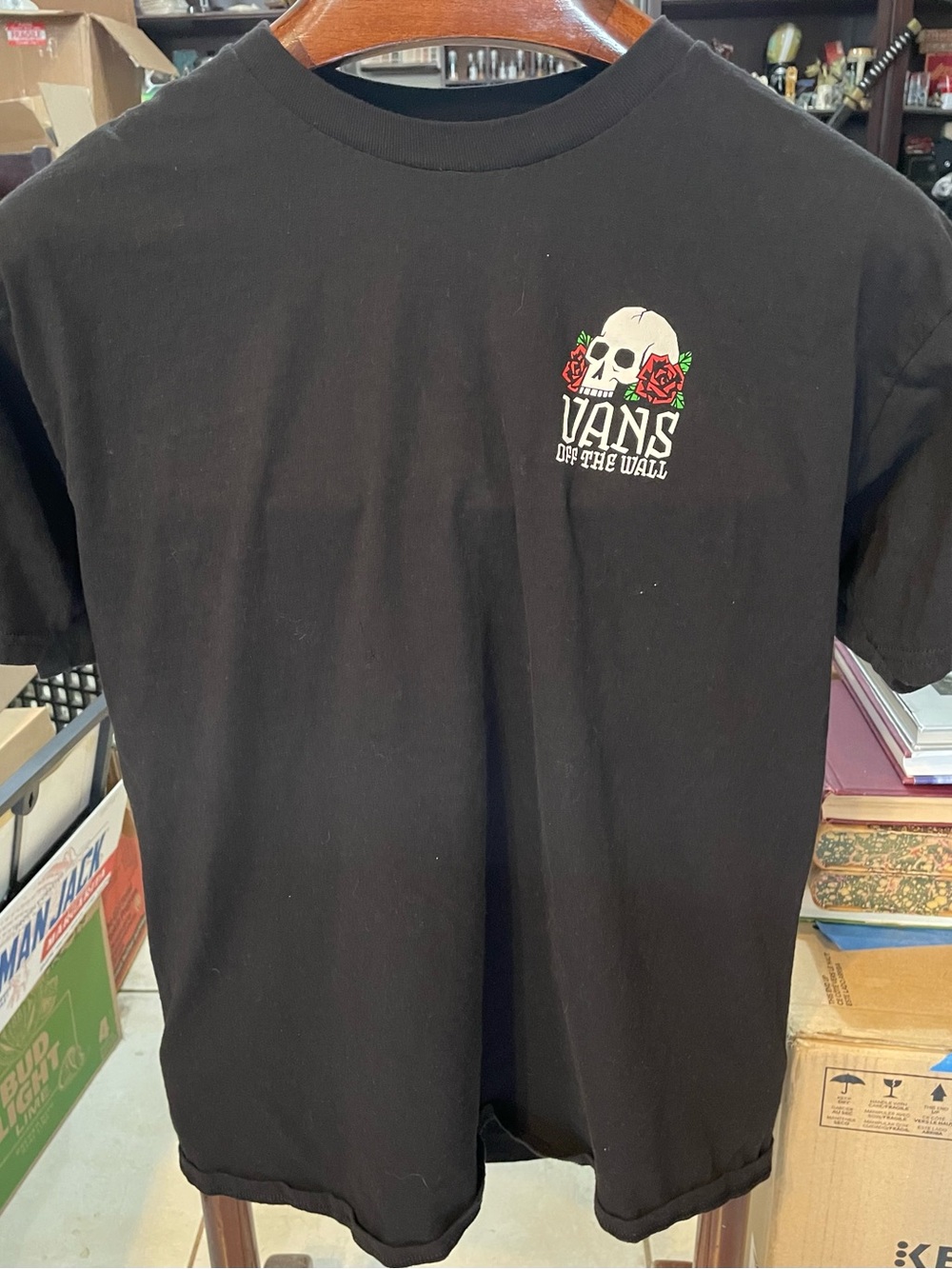 Vans Black Tee with Skull and Red Rose Graphic
